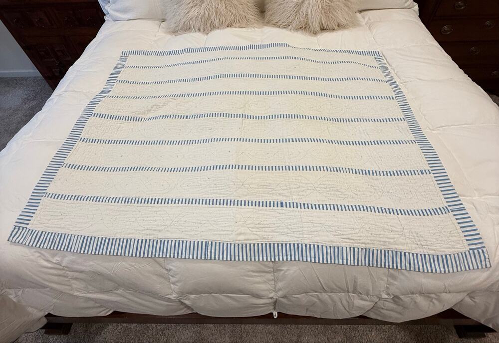 Vintage Heirloom Baby Quilt White with Blue Stripes Crib Blanket Quilt cottage